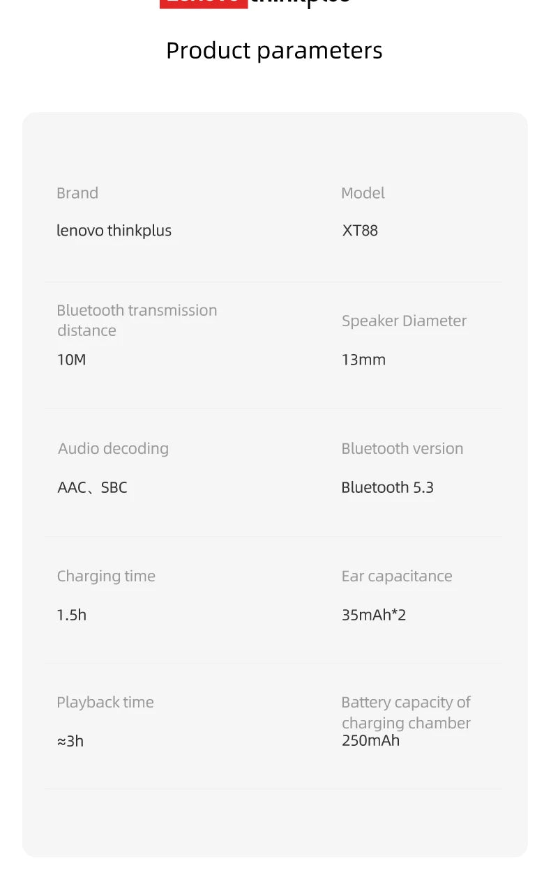 Lenovo XT88 Wireless Earbuds – HiFi Sound & Noise Reduction