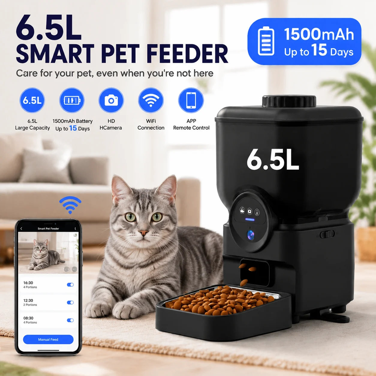 6.5L Automatic Cat Feeder Rechargeable Wifi Smart Pet Feeder App Controlled Cat Feeder With Camera Built-in Battery Cat Dog Feeder