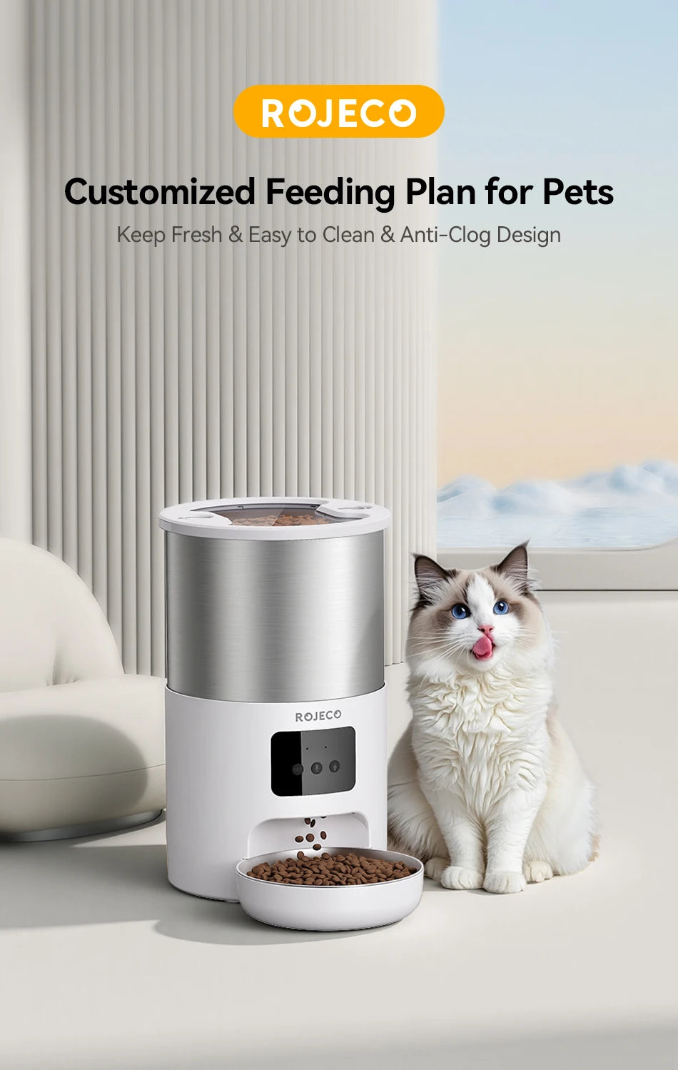 ROJECO 4.5L Smart Pet Feeder – Record Your Voice & Feed on Schedule via WiFi