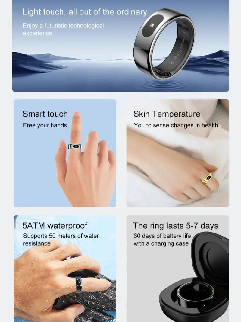 R08 Smart Ring Touch Control Function Health Monitor 5ATM Waterproof Skin Temperature Measurement