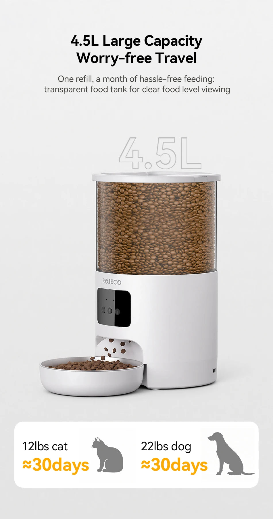 ROJECO 4.5L Smart Pet Feeder – Record Your Voice & Feed on Schedule via WiFi