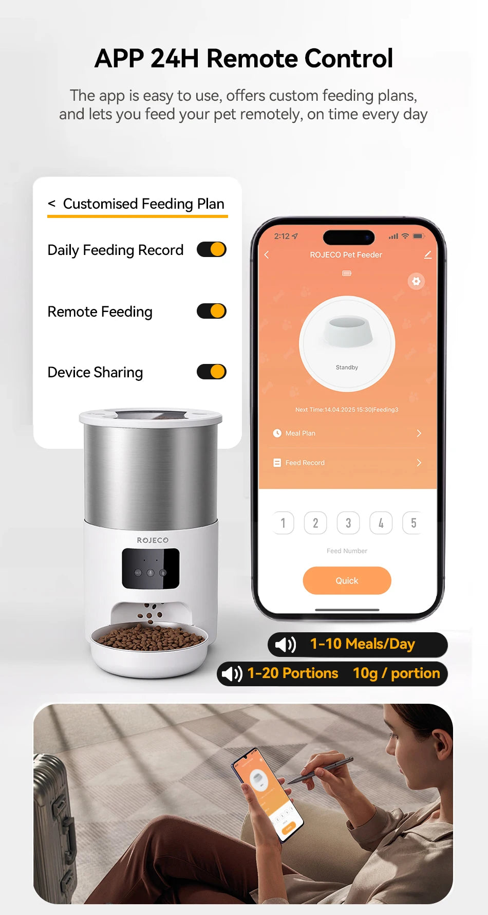ROJECO 4.5L Smart Pet Feeder – Record Your Voice & Feed on Schedule via WiFi