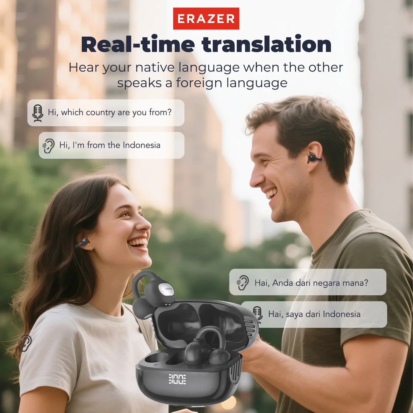 ERAZER AI Translator Ear Clip Earbuds – Real-Time Translation & Wireless Freedom