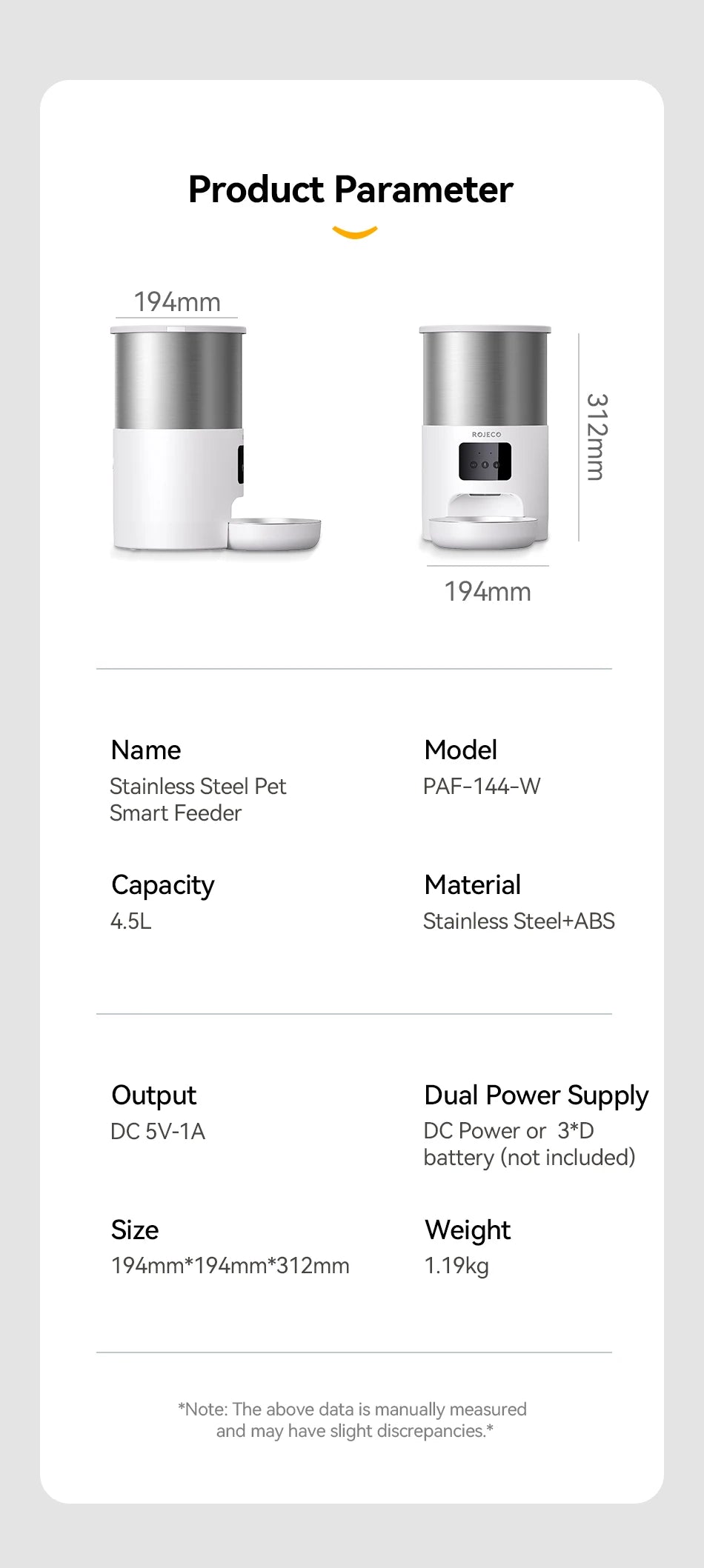 ROJECO 4.5L Smart Pet Feeder – Record Your Voice & Feed on Schedule via WiFi