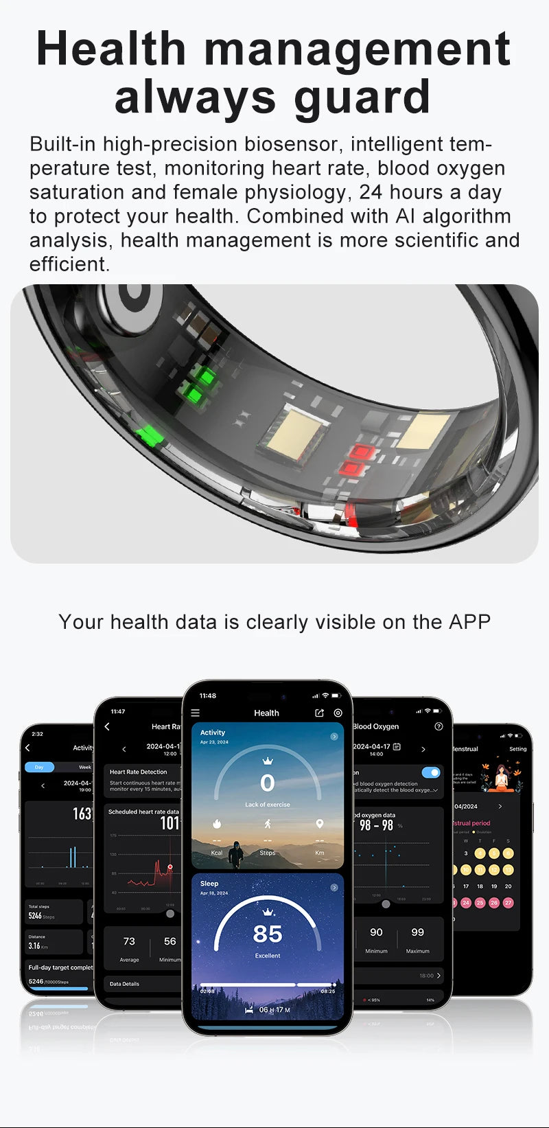 R08 Smart Ring Touch Control Function Health Monitor 5ATM Waterproof Skin Temperature Measurement