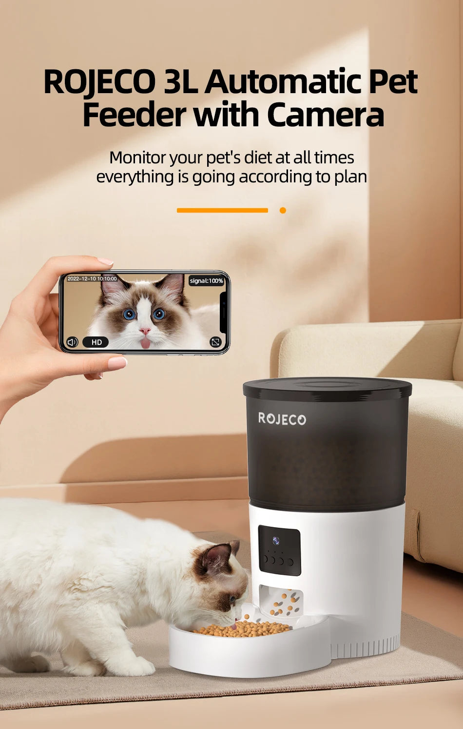 ROJECO Smart Pet Feeder – See, Talk & Feed Your Pets Remotely
