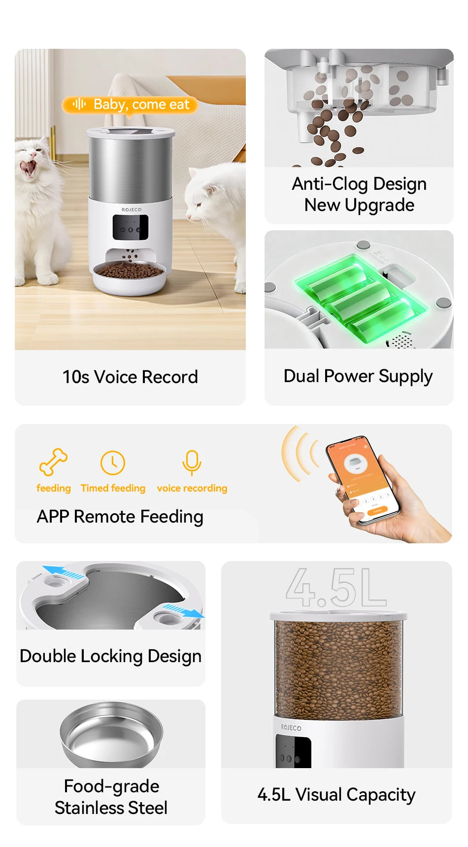 ROJECO 4.5L Smart Pet Feeder – Record Your Voice & Feed on Schedule via WiFi