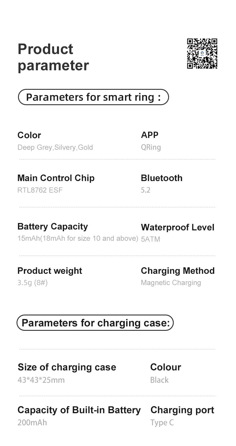 R08 Smart Ring Touch Control Function Health Monitor 5ATM Waterproof Skin Temperature Measurement