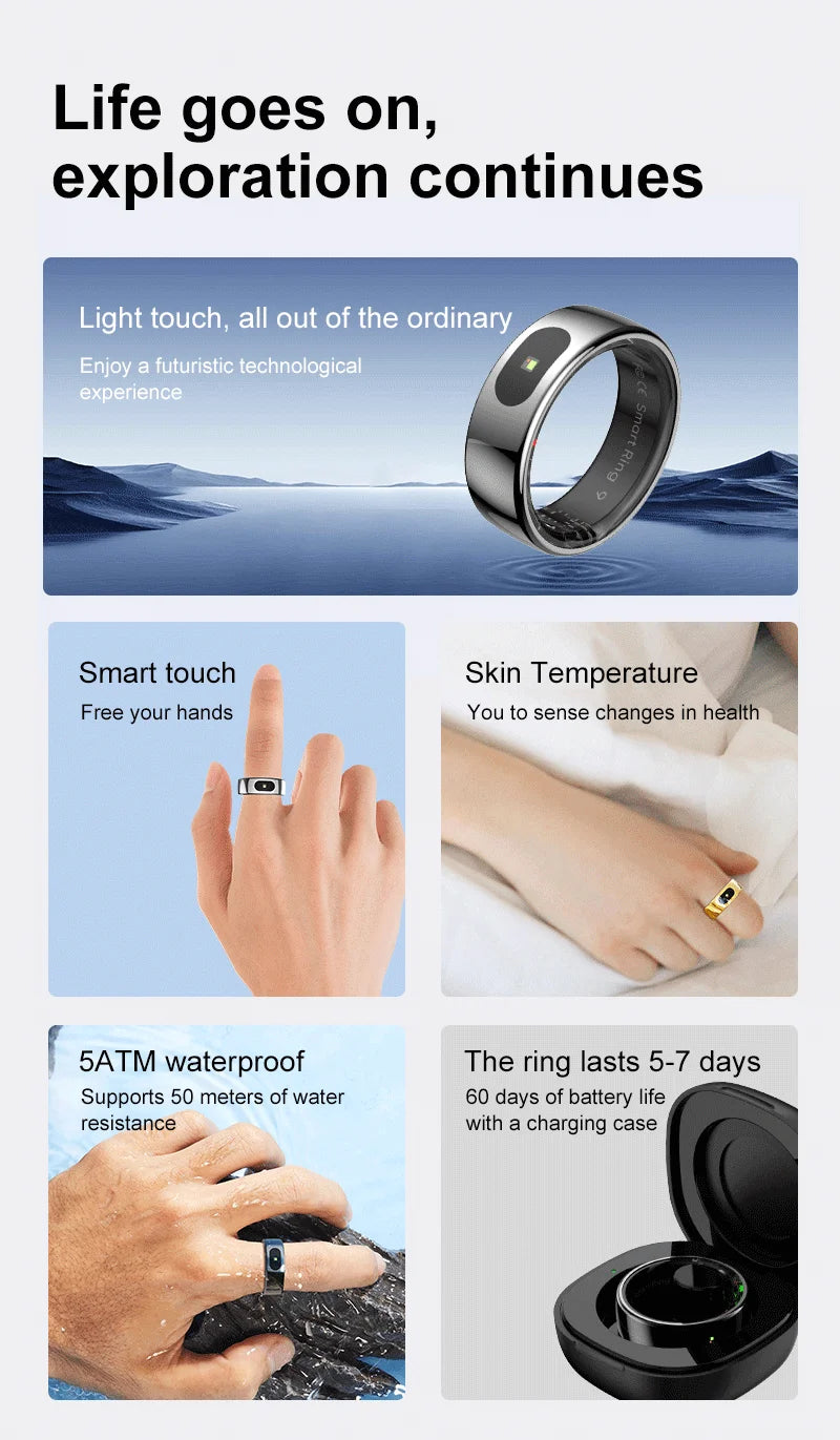 R08 Smart Ring Touch Control Function Health Monitor 5ATM Waterproof Skin Temperature Measurement