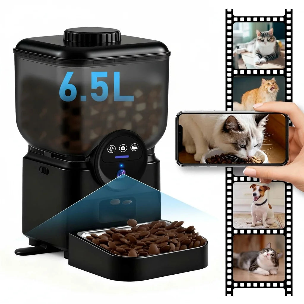 6.5L Automatic Cat Feeder Rechargeable Wifi Smart Pet Feeder App Controlled Cat Feeder With Camera Built-in Battery Cat Dog Feeder